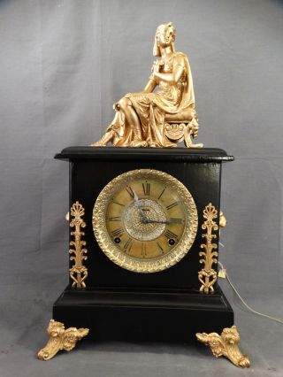 19thc Antique Egyptian Revival Figural Lady Goddess & Lion Statue Mantel Clock photo