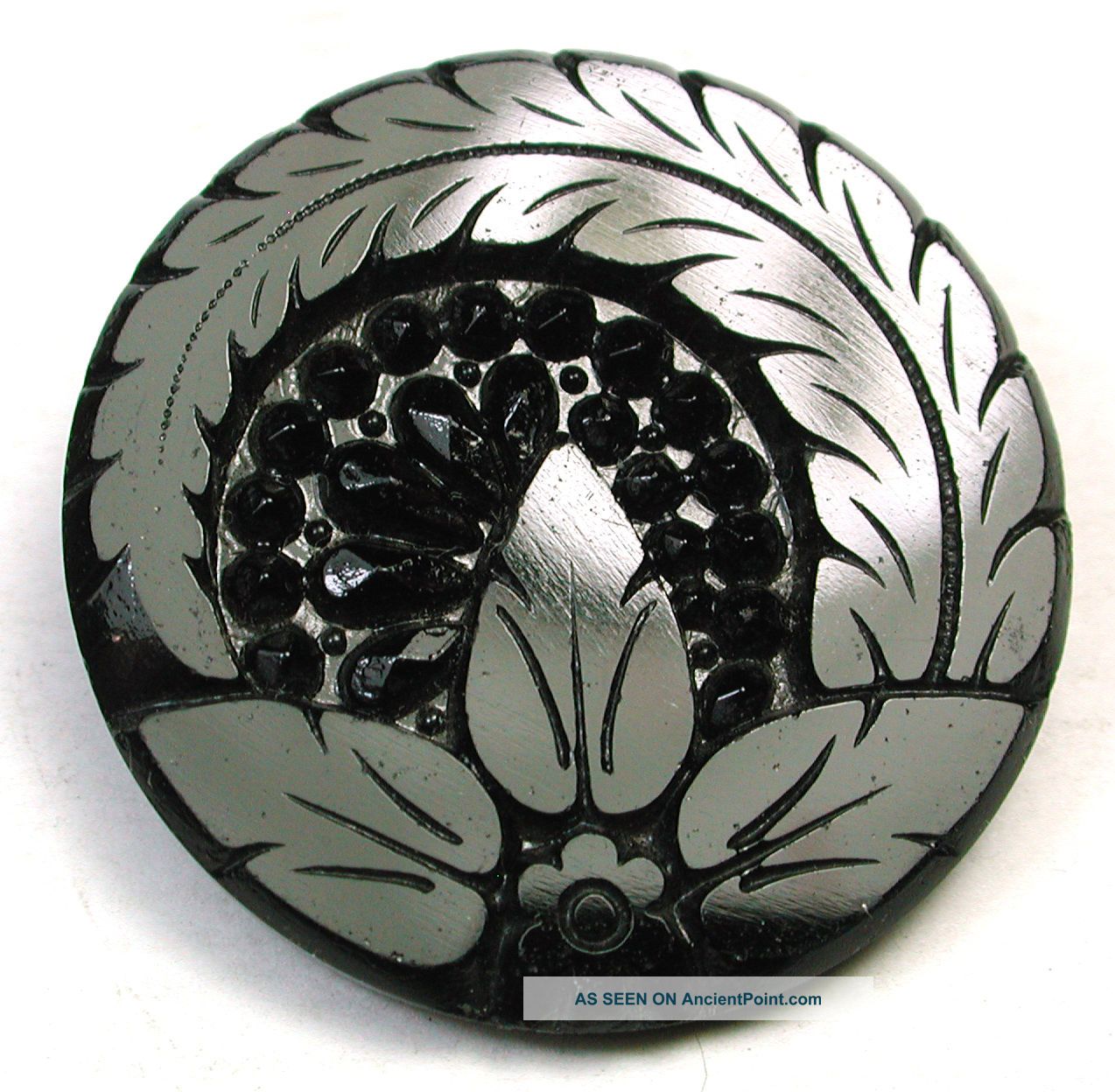 Antique Black Glass Button Fancy Fern & Floral Design Buttons photo