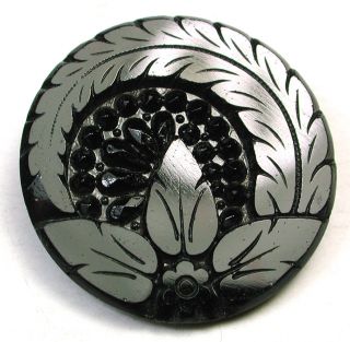 Antique Black Glass Button Fancy Fern & Floral Design photo