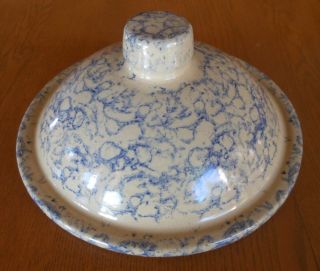 Antique Vtg Large Stoneware Crock Lid Only,  Yellow Blue Sponge Ware photo