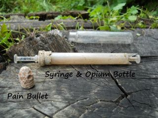 Old Rare Vintage Antique Civil War Relic Syringe Pain Bullet And Opium Bottle photo