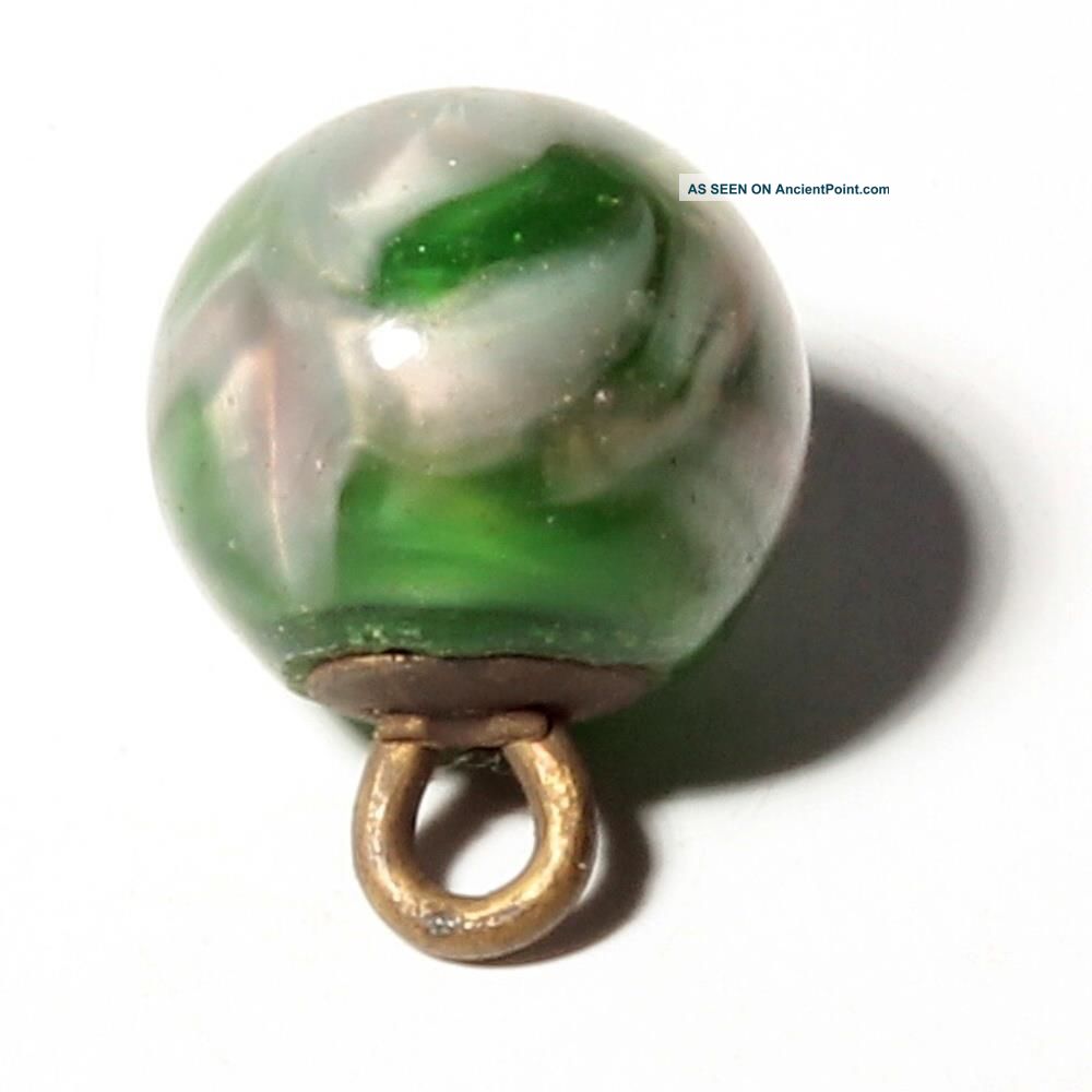 12mm Czech Antique Hand Lampworked Green Satin Marbled Art Glass Ball Button Buttons photo