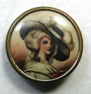 Antique Lithograph Waistcoat Button Woman W/ Big Fancy Feathered Hat photo
