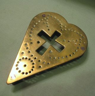 Antique 19c Handwrought Brass Trivet Heart And Cross Made Of Reused Brass Sign photo