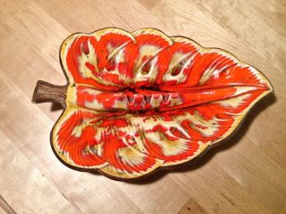 Vintage 1963 Treasure Craft Mid Century Leaf Ashtray Art Pottery Red Orange photo