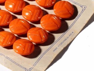 Card (24) 14mm Czech Deco Vintage Fancy Geometric Orange Glass Buttons photo