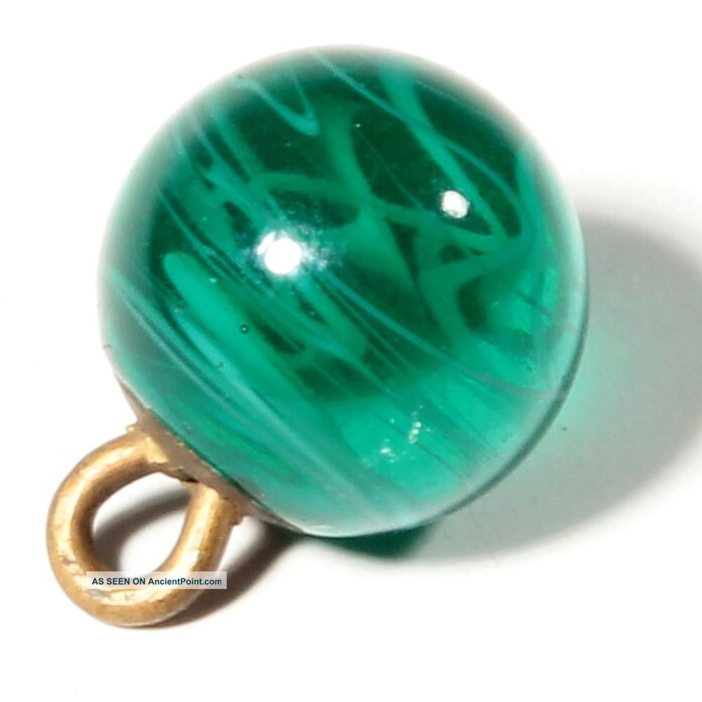 (1) 12mm Czech Antique Lampworked Green Satin Swirl Striped Ball Glass Button Buttons photo
