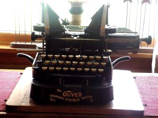 Antique Oliver Typewriter Model 3,  Wood Base,  Oliver Metal Cover photo