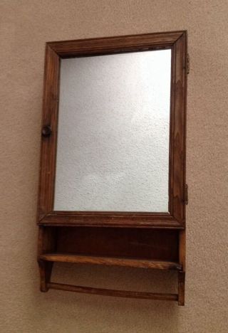 Antique Solid Oak Medicine Wall Cabinet Glass Mirror Dark Wood Towel 1900 - 1950 photo
