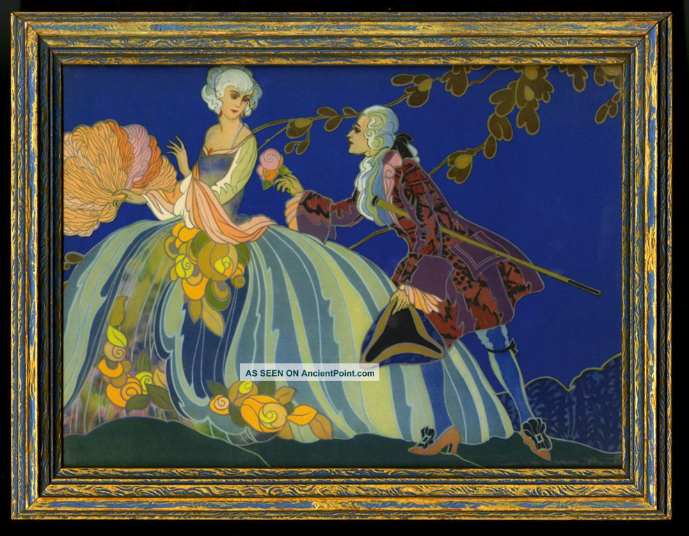 Lovely 1920s French Fine Art Framed Pochoir Print Costumed Courting Couple Scene Art Deco photo