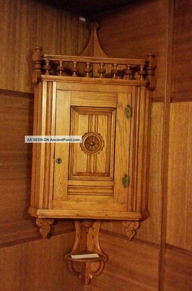 Vtg Eastlake Carved Oak Corner Cabinet Ribbed Panel Detailed Rosette - Will Ship 1800-1899 photo