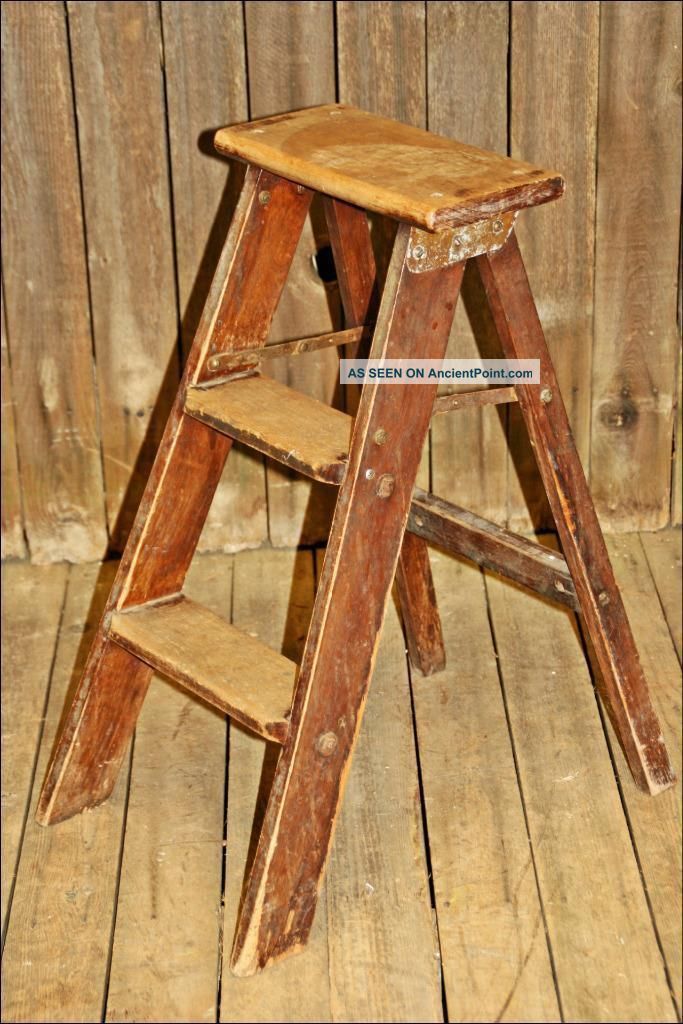 Vtg Wood Ladder 2 Step Kitchen Stool Display Brown Primitive Chic Country Shabby Primitives photo