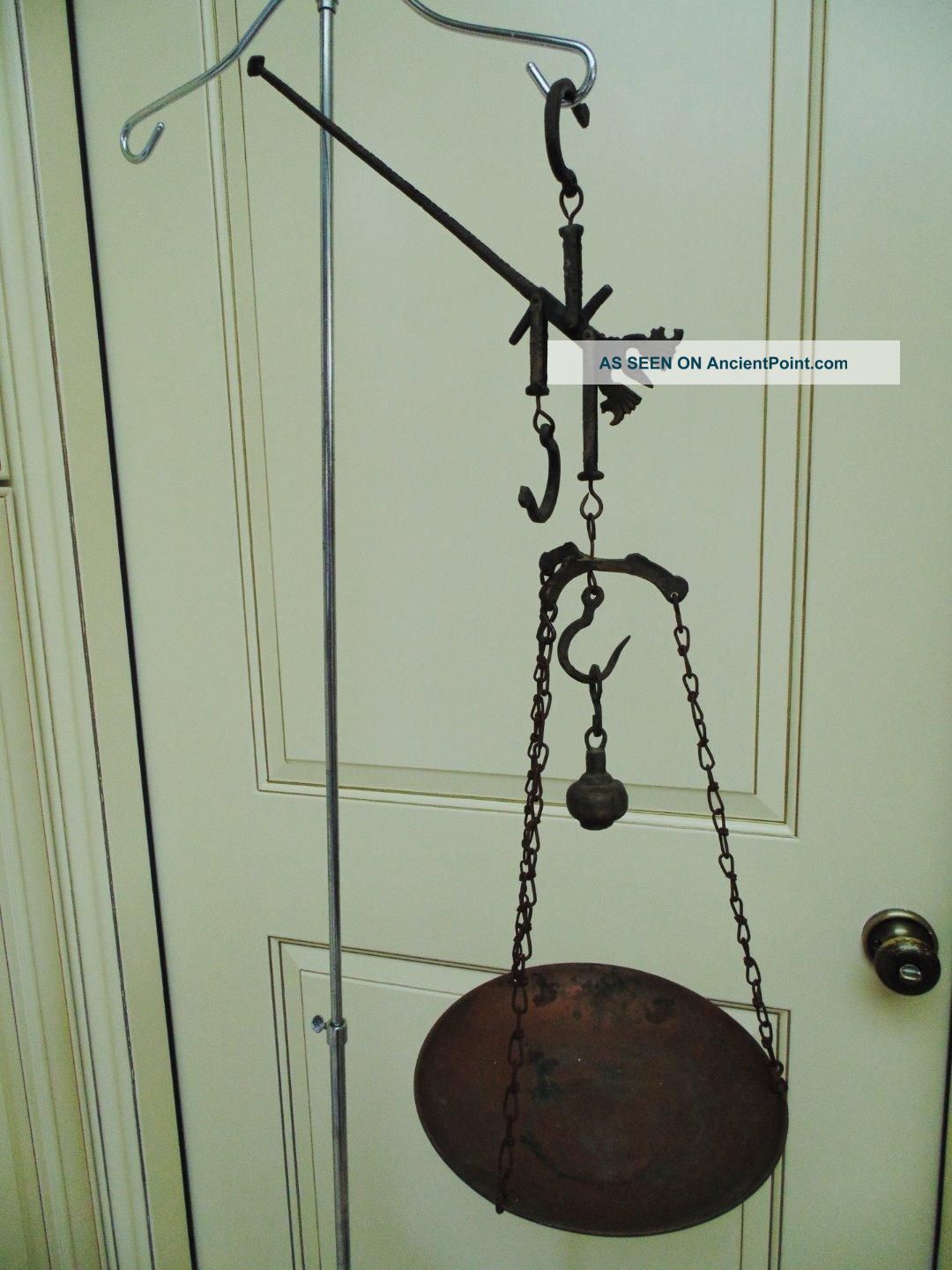 Primitive Antique Hanging Balance Beam Scale Brass Copper Tray Country Store Scales photo