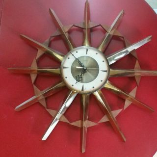 Vintage Eames Era Welby Starburst Atomic Mid Century Modern Wall Clock Teak Wood photo