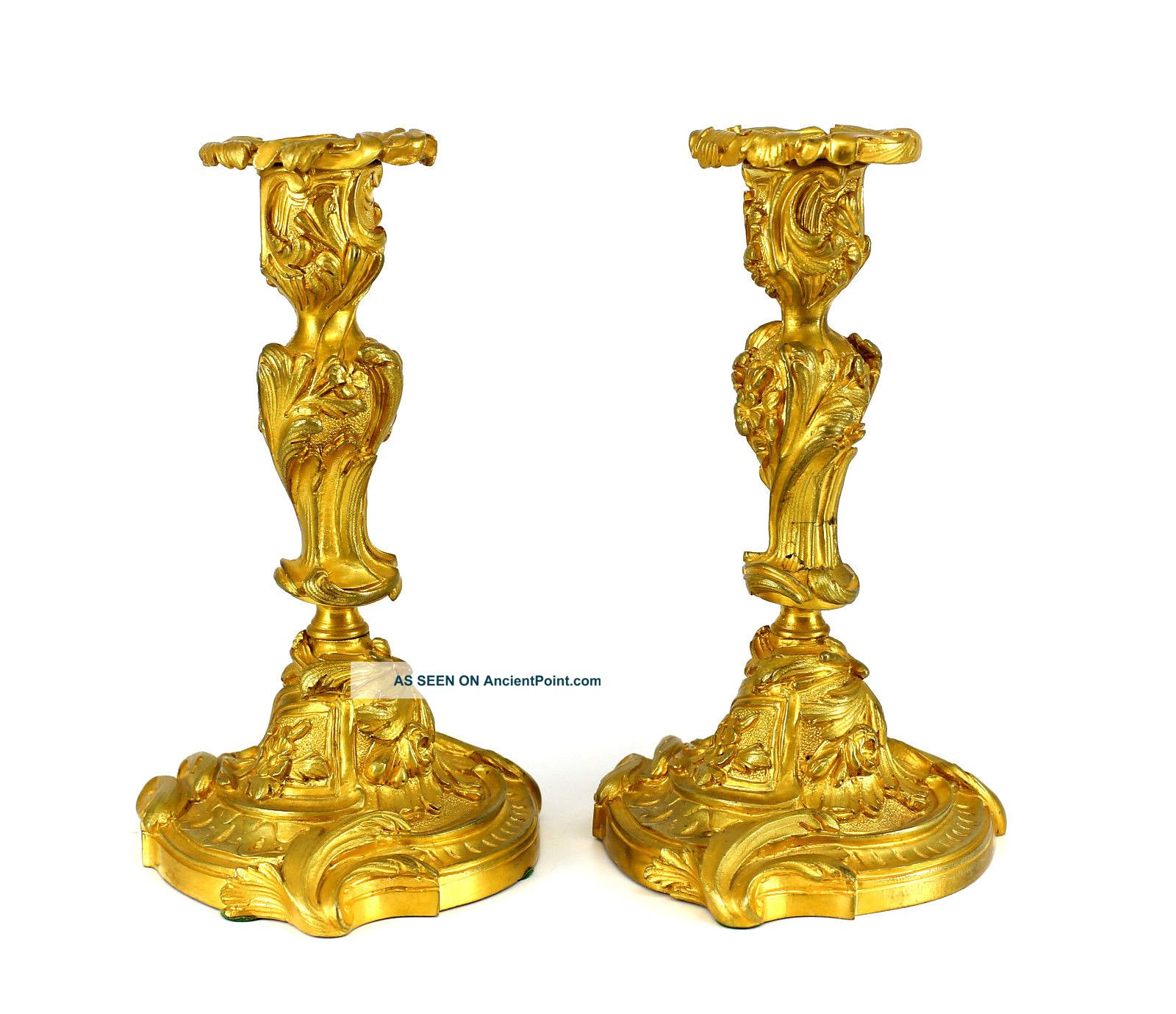 French Gilt Bronze Candlesticks,  19th Century Floral & Foliate Design Metalware photo