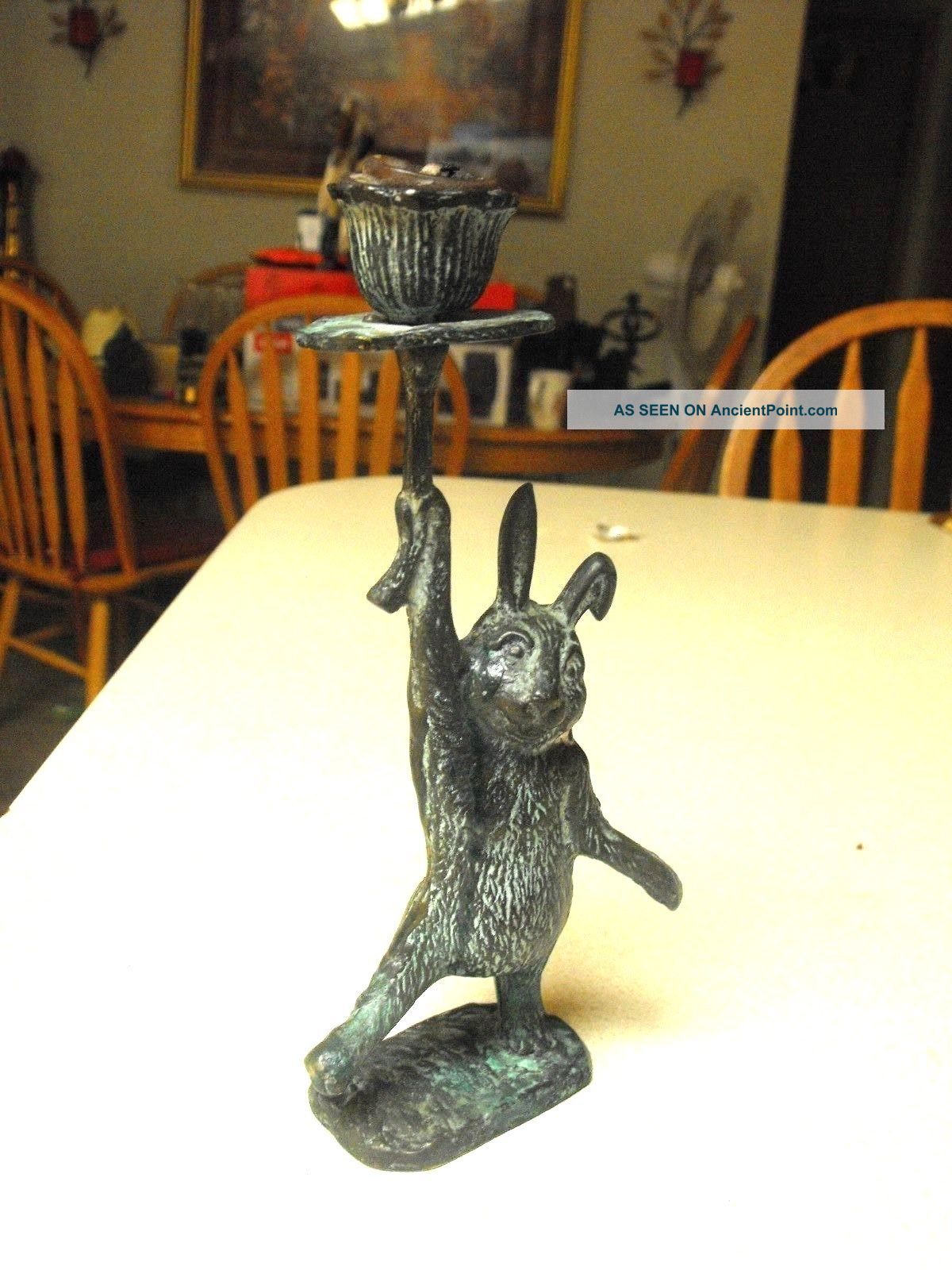 Antique Bronze Rabbit Holding Candle Holder Very Old Heavy Old Bronze. Marked
