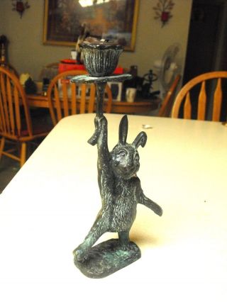 Antique Bronze Rabbit Holding Candle Holder Very Old Heavy Old Bronze.  Marked photo