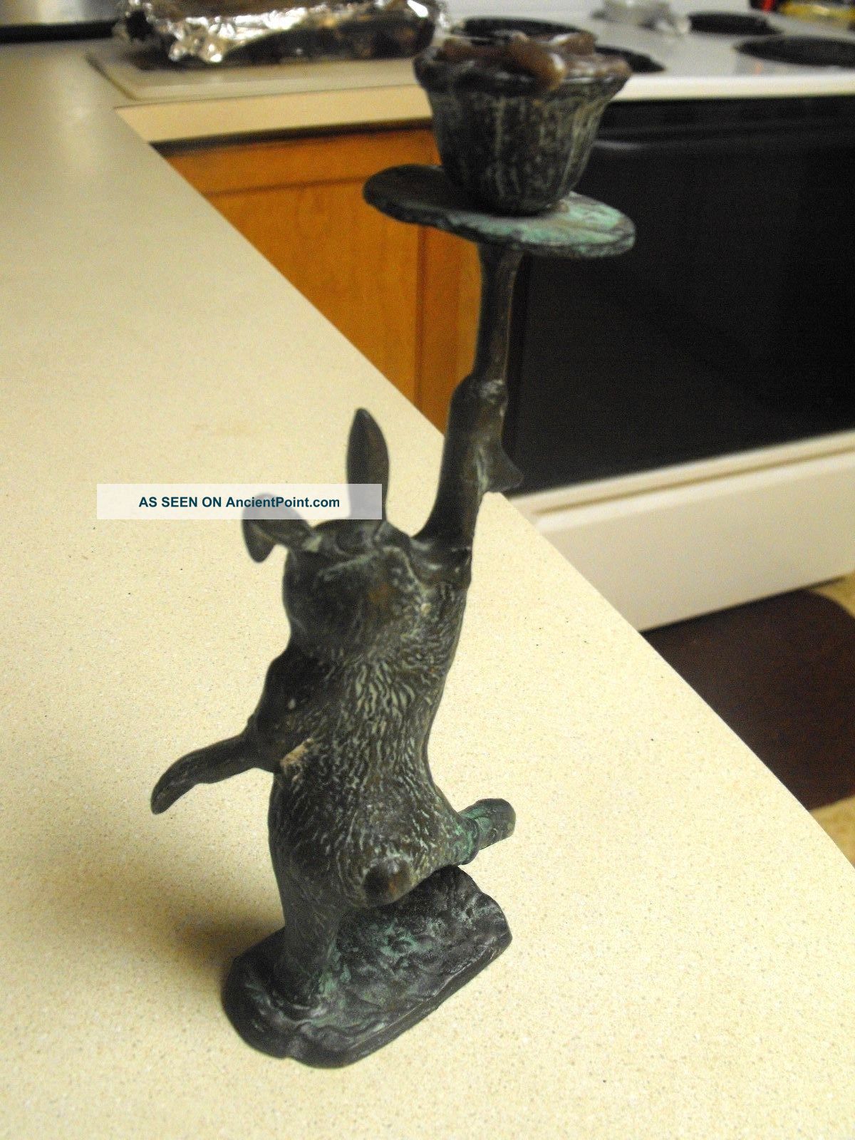 Antique Bronze Rabbit Holding Candle Holder Very Old Heavy Old Bronze
