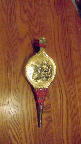 Vintage Fire Bellow Fireplace Brass Leather Red photo