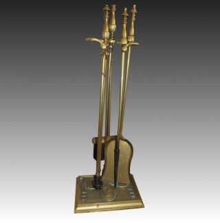 English Victorian Style Brass Fireplace Hearth Tools & Stand photo