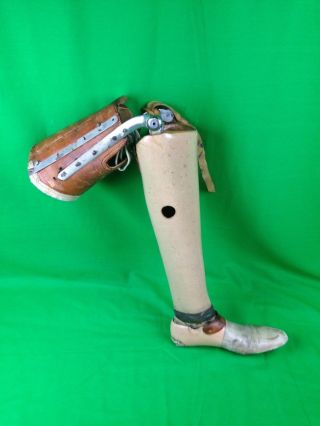 Antique Early 1900 ' S Prosthetic Artificial Leg Wood Metal Leather Left photo