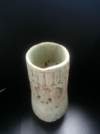 Vintage Egyptian Glazed Jar With Narrow Base & Openwork Scarab Motifs To Neck photo
