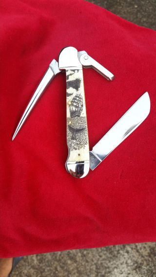 Two Sided Nautical Scrimshaw Art,  Marlin Spike,  Rigging,  Folding Knife/knives photo