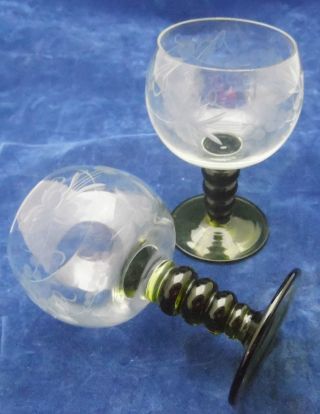 Antique Roemer German Wheel Cut Wine Glasses Etched Grapes Green Stem 2 Pc photo