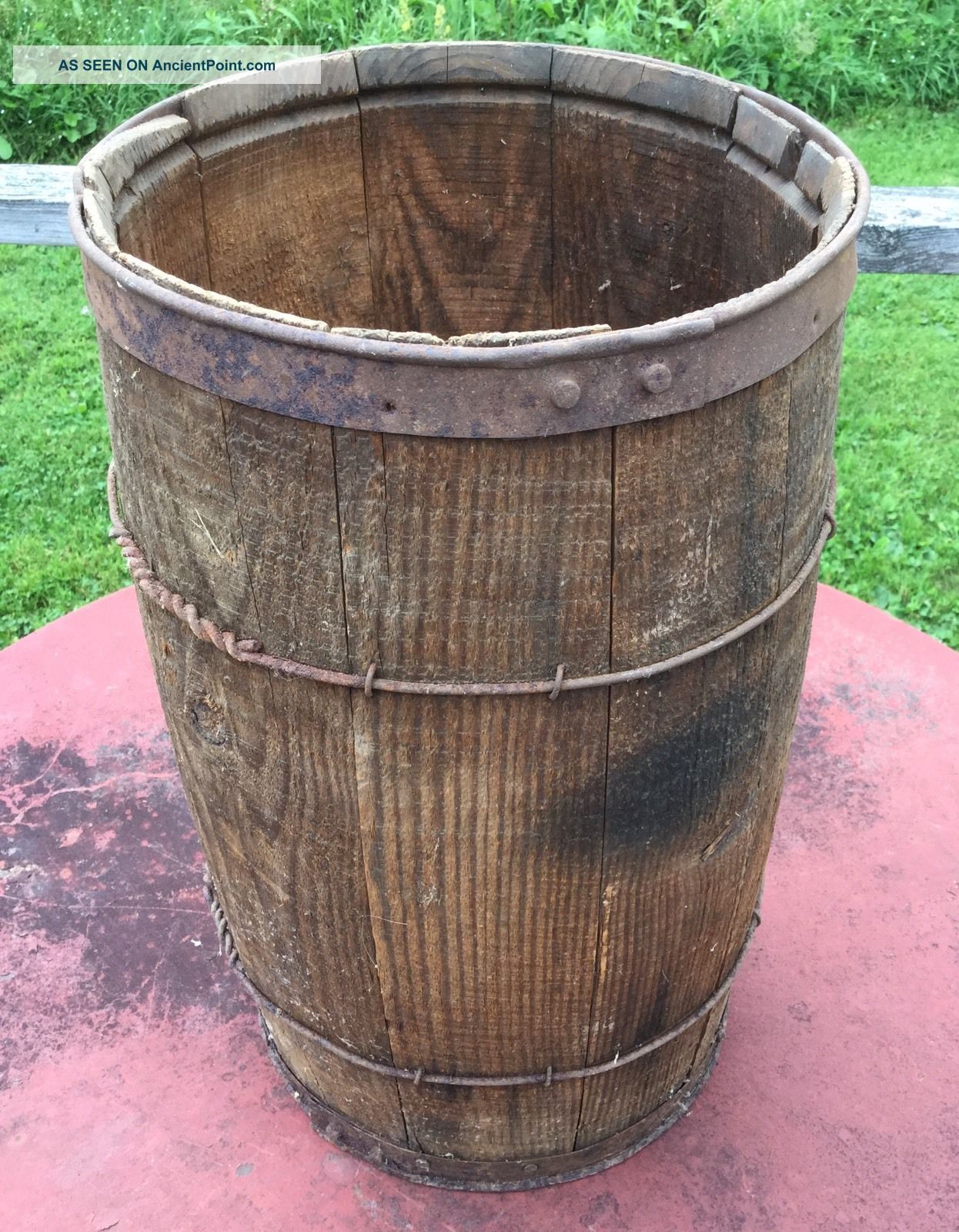 Old Vtg Antique Wood Iron Bound Primitive Rustic Nail Container Keg Primitives photo