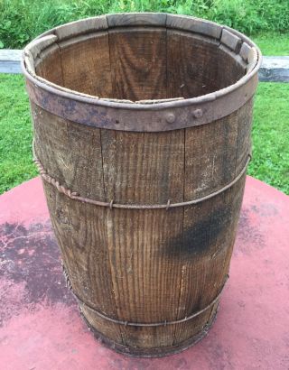 Old Vtg Antique Wood Iron Bound Primitive Rustic Nail Container Keg photo