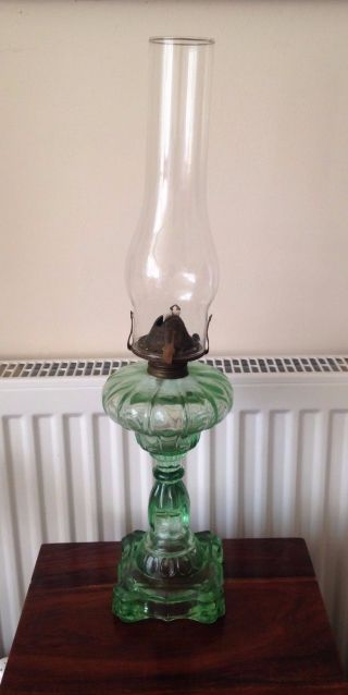 Vintage Glass Oil Lamp Light Green Pressed Glass Order photo