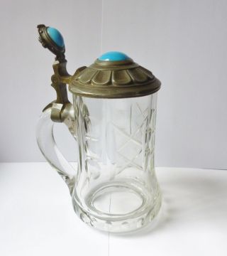 Antique Arts & Crafts Blue Glass Cabochon Pewter Lid & Cut Glass Stein photo