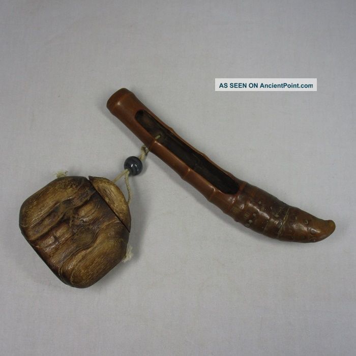 D143: Japanese Old Cultural Tasty Bamboo Kiseru Case And Wooden Tobacco Case Other Japanese Antiques photo