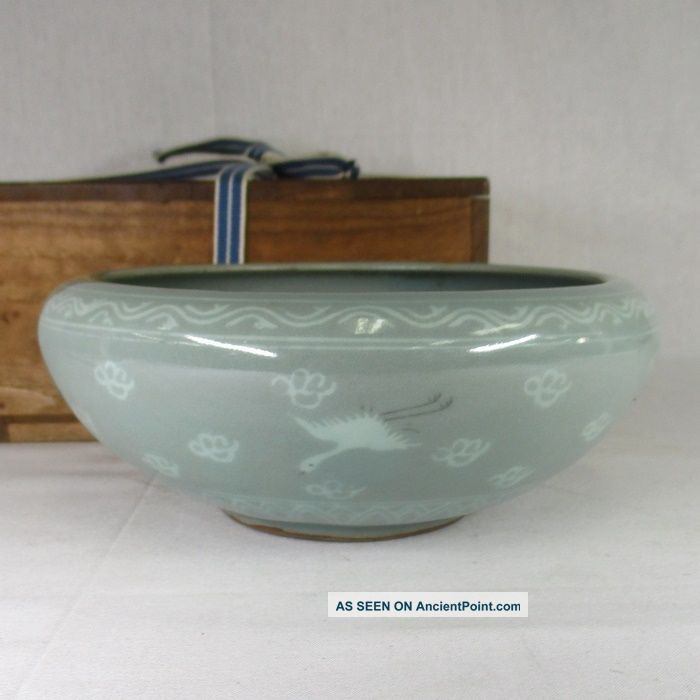 B923: Korean Goryeo Dynasty Style Blue Porcelain Bowl With Inlay Work And Box Korea photo