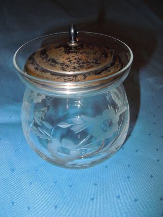 Vintage Antique Sterling Silver Etched Glass Sugar Bowl Spooner Jelly Jar 925 photo