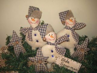 3 Handmade Fabric Country Blue Christmas Snowmen &3 Star Ornies Ornaments Decor photo