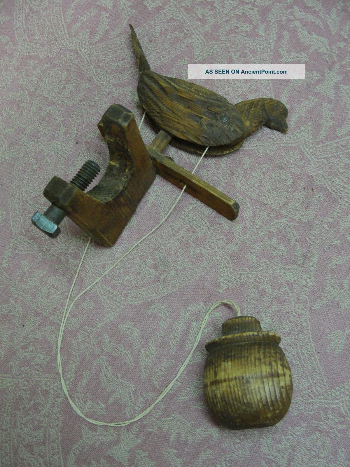 Antique Craved Wooden Wood Carving Folk Art Animated Pecking Bird Motion Toy Primitives photo