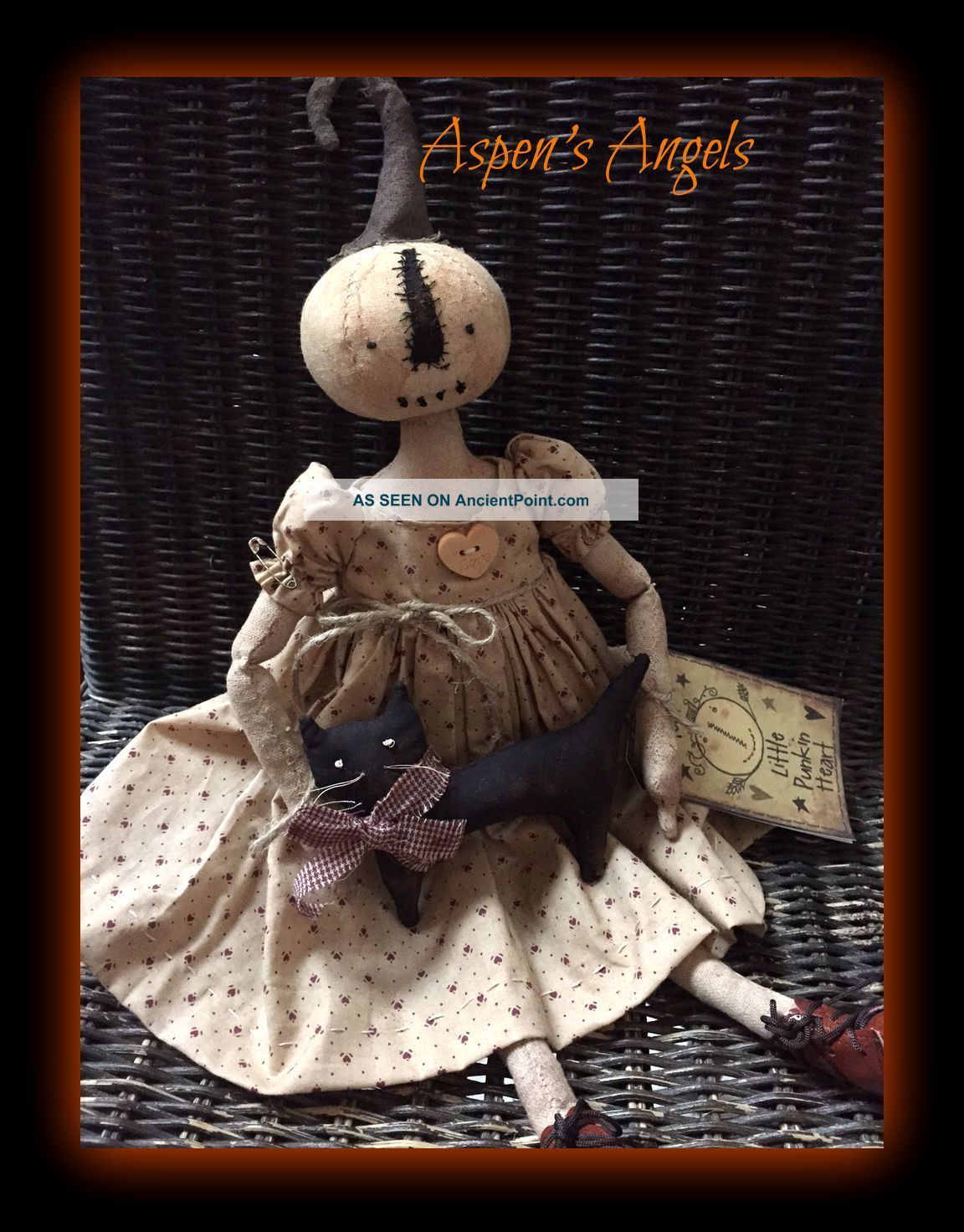 Primitive Folk Art Pumpkin Doll & Cat Ooak Grungy Halloween Fall Aspens Angels Primitives photo