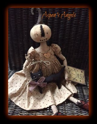 Primitive Folk Art Pumpkin Doll & Cat Ooak Grungy Halloween Fall Aspens Angels photo