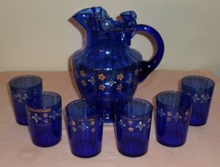 Art Nouveau Cobalt Blue Glass Enamel Decor Lemonade Water Pitcher 6 Tumbler Cups photo