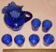 Art Nouveau Cobalt Blue Glass Enamel Decor Lemonade Water Pitcher 6 Tumbler Cups Pitchers photo 1