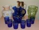 Art Nouveau Cobalt Blue Glass Enamel Decor Lemonade Water Pitcher 6 Tumbler Cups Pitchers photo 5