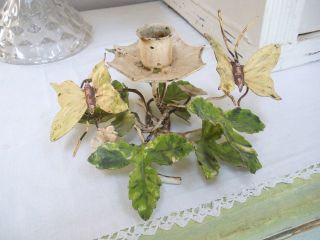 Vintage Shabby Tole Candle Holder Chic Butterflies Flowers Leaves photo
