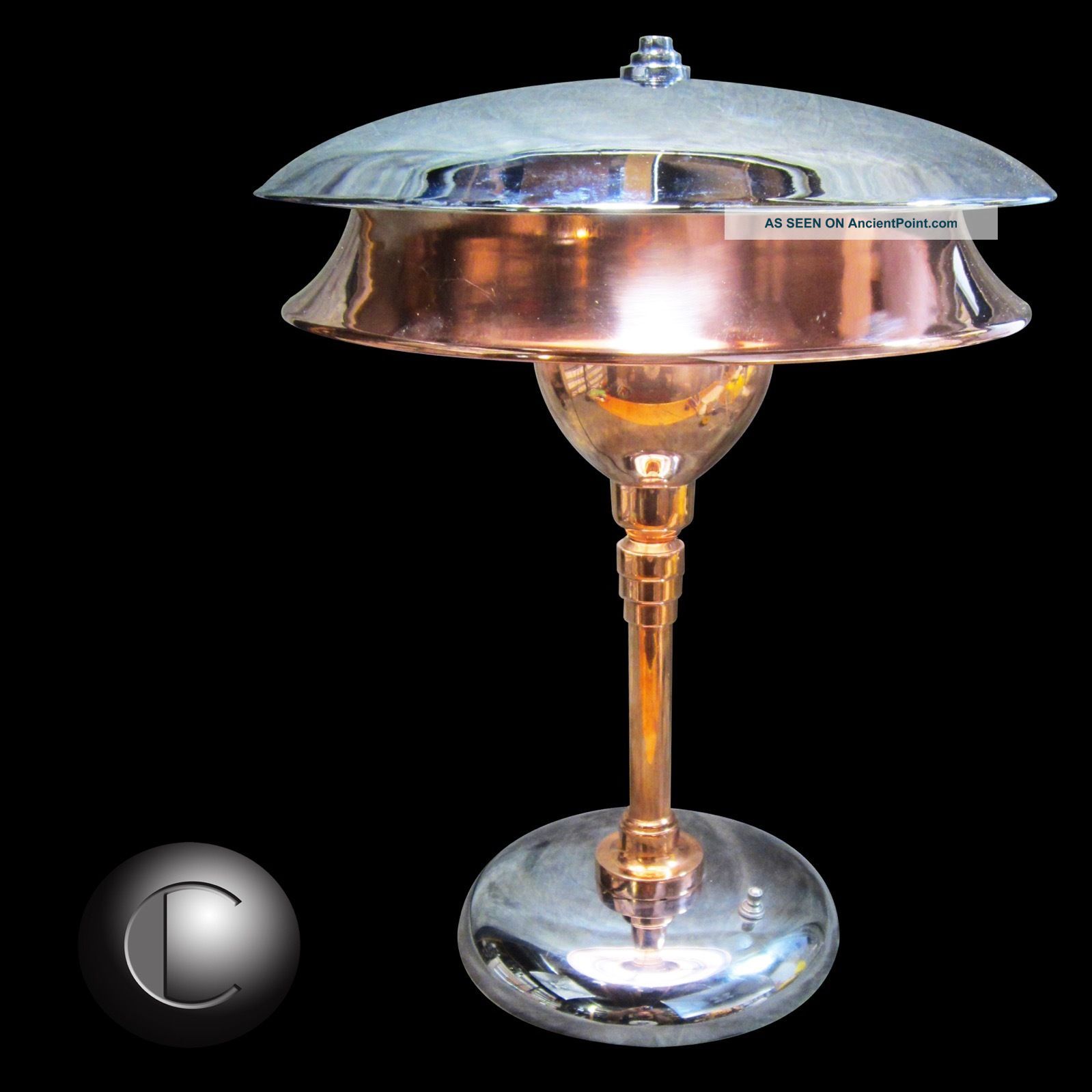 Vtg Machine Age Art Deco Double Shade Chrome & Copper Lamp Restored Art Deco photo