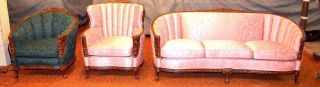 1930 ' S Carved 3 Piece Living Room Suite - Sofa & 2 Chairs - Damask Upholstery photo