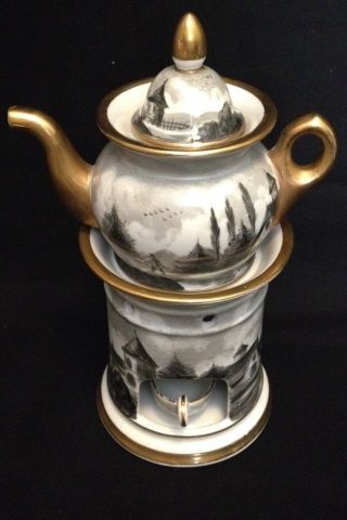 Antique - Veilleuse - Old Paris - Porcelain - Gold Gilt - French - Teapot - Stand - Warmer photo