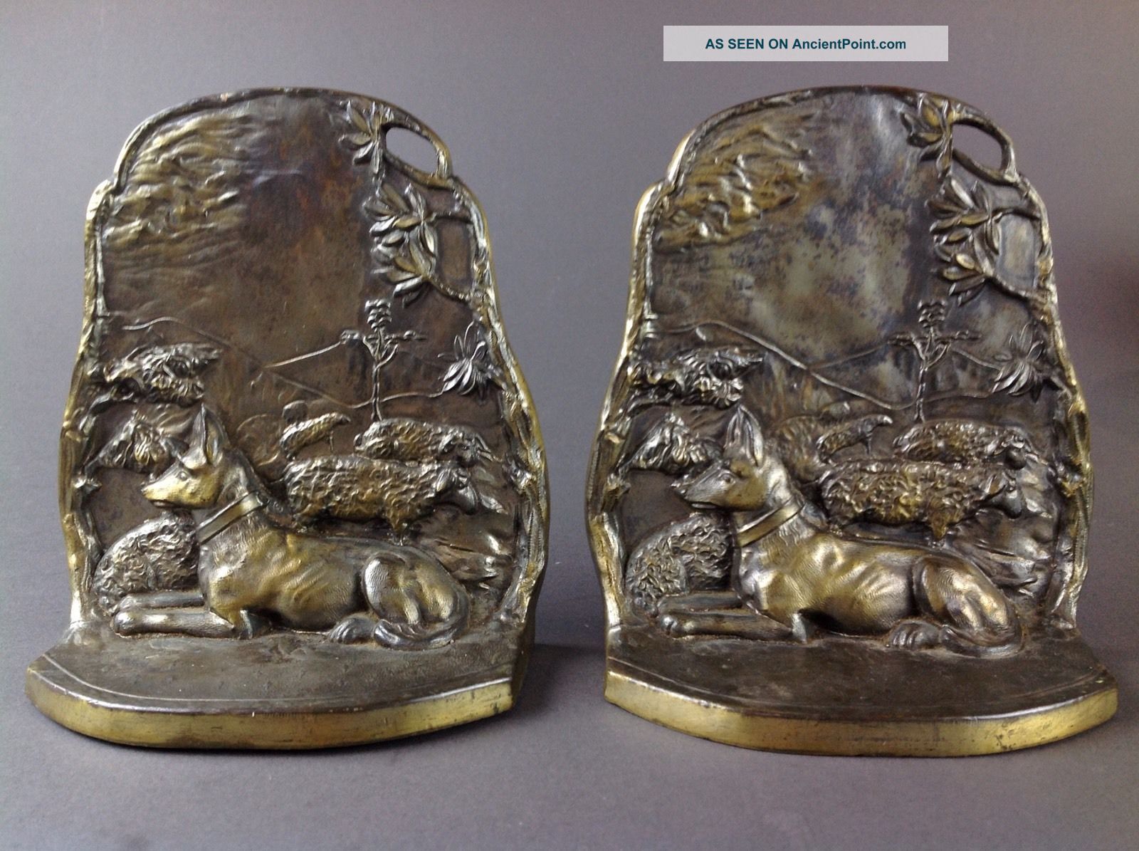 Antique 1920s Art Deco Bronze Bookends German Shepherd Sheep Alsation Dog Hubley Metalware photo