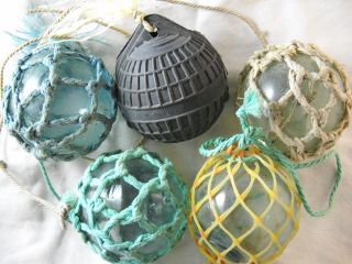 5 Authentic Japanese Glass Floats,  Different Attachments Alaska Beachcombed photo