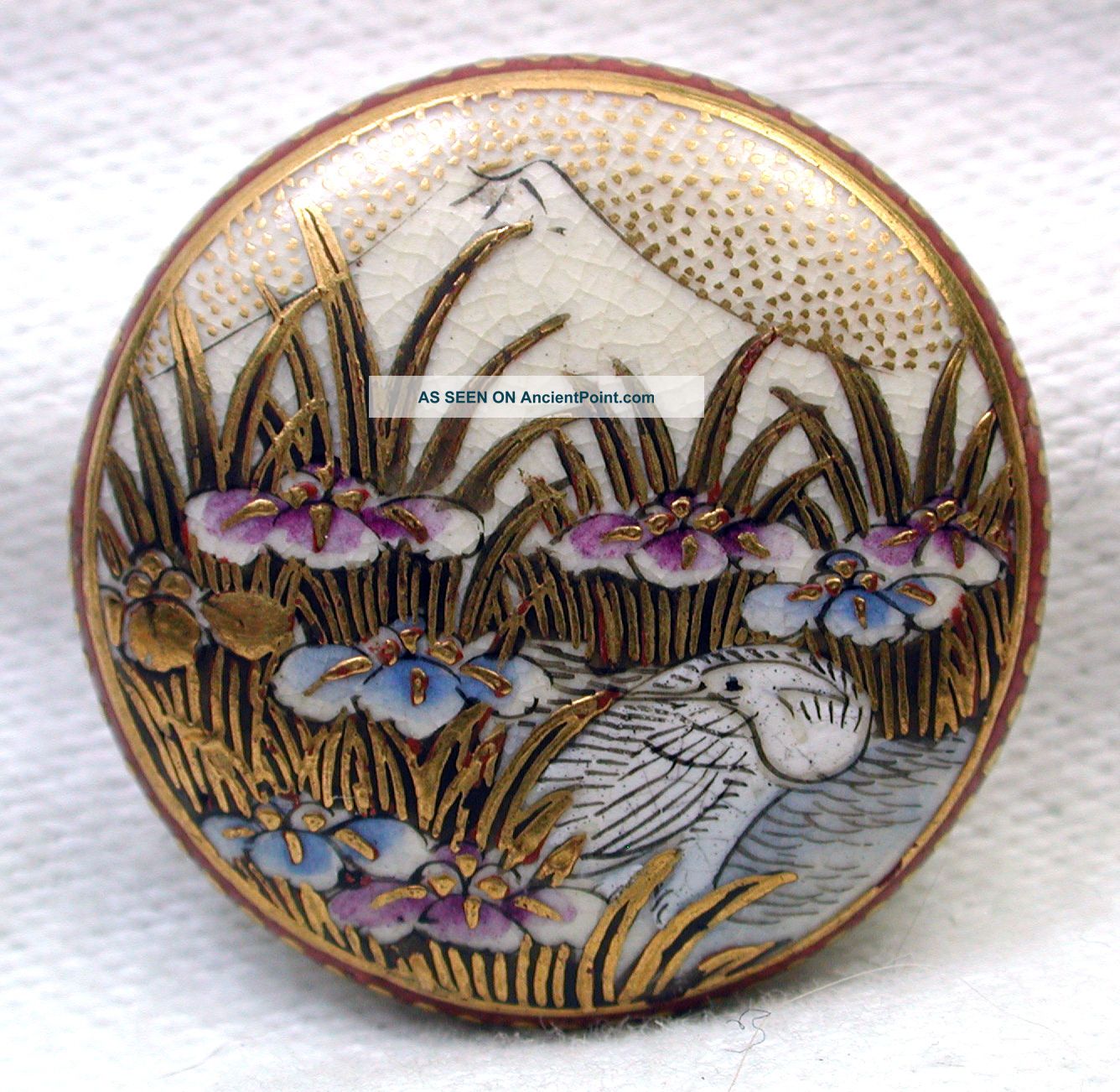 Antique Meiji Satsuma Button Egret With Iris Flowers Mt.  Fuji Gold Accents Buttons photo