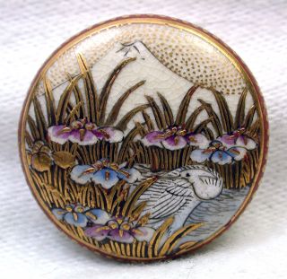 Antique Meiji Satsuma Button Egret With Iris Flowers Mt.  Fuji Gold Accents photo